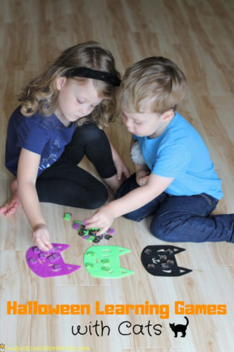 Halloween Preschool Learning Games with Cats - Use cat erasers and felt cats for 4 simple Halloween games that practice colors, counting, and get kids moving.