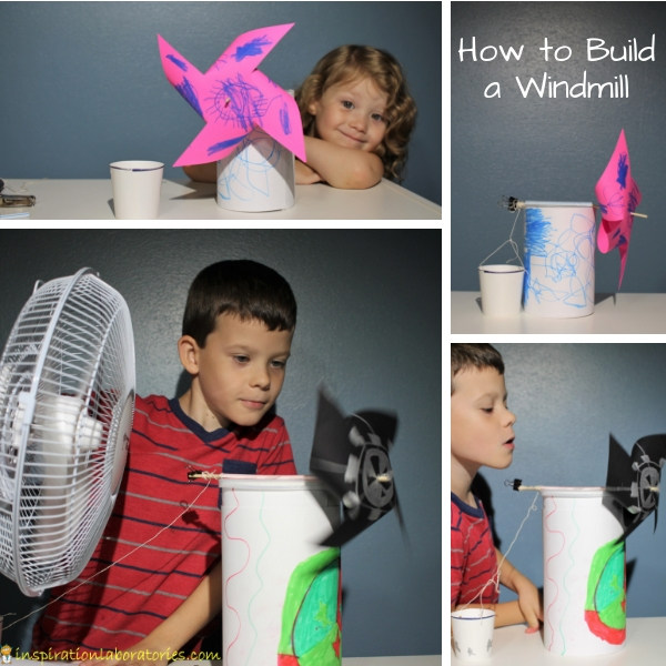 collage of child-made windmills that can lift a paper cup