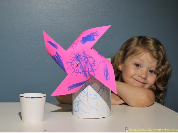child-made windmill that can lift a paper cup