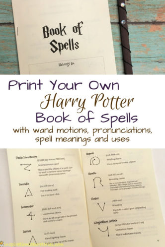 Print your own Harry Potter Book of Spells complete with wand motions, pronunciations, spell meanings, and uses. A spell book is a great addition to a Harry Potter party and take home gift for party guests.