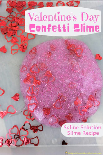 Our Valentine's Day Confetti Slime is made with saline solution. It's super simple to make this slime with just 4 ingredients plus glitter and heart confetti. Get the recipe and watch the video for making your own saline solution slime for Valentine's Day.