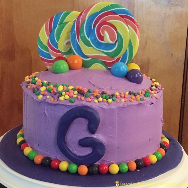 Willy Wonka birthday cake - purple frosting decorated with candy