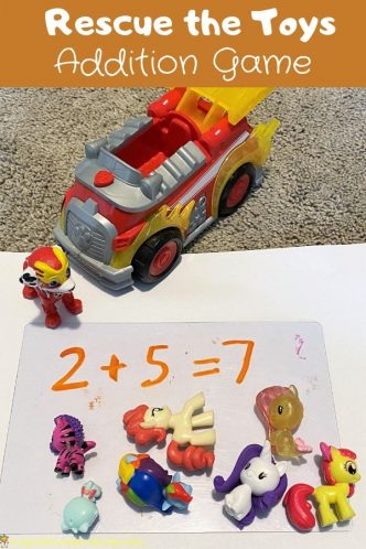 example of rescue the toys addition game with addition equation 2+5=7. 2 Hatchimals and 5 My Little Pony toys are below the written equation.