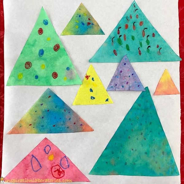 Christmas Tree Diffusion Art finished examples with oil pastels and liquid watercolor on diffusing paper